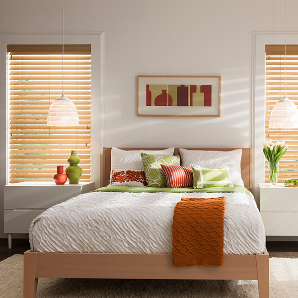 Faux wood blinds in modern bedroom